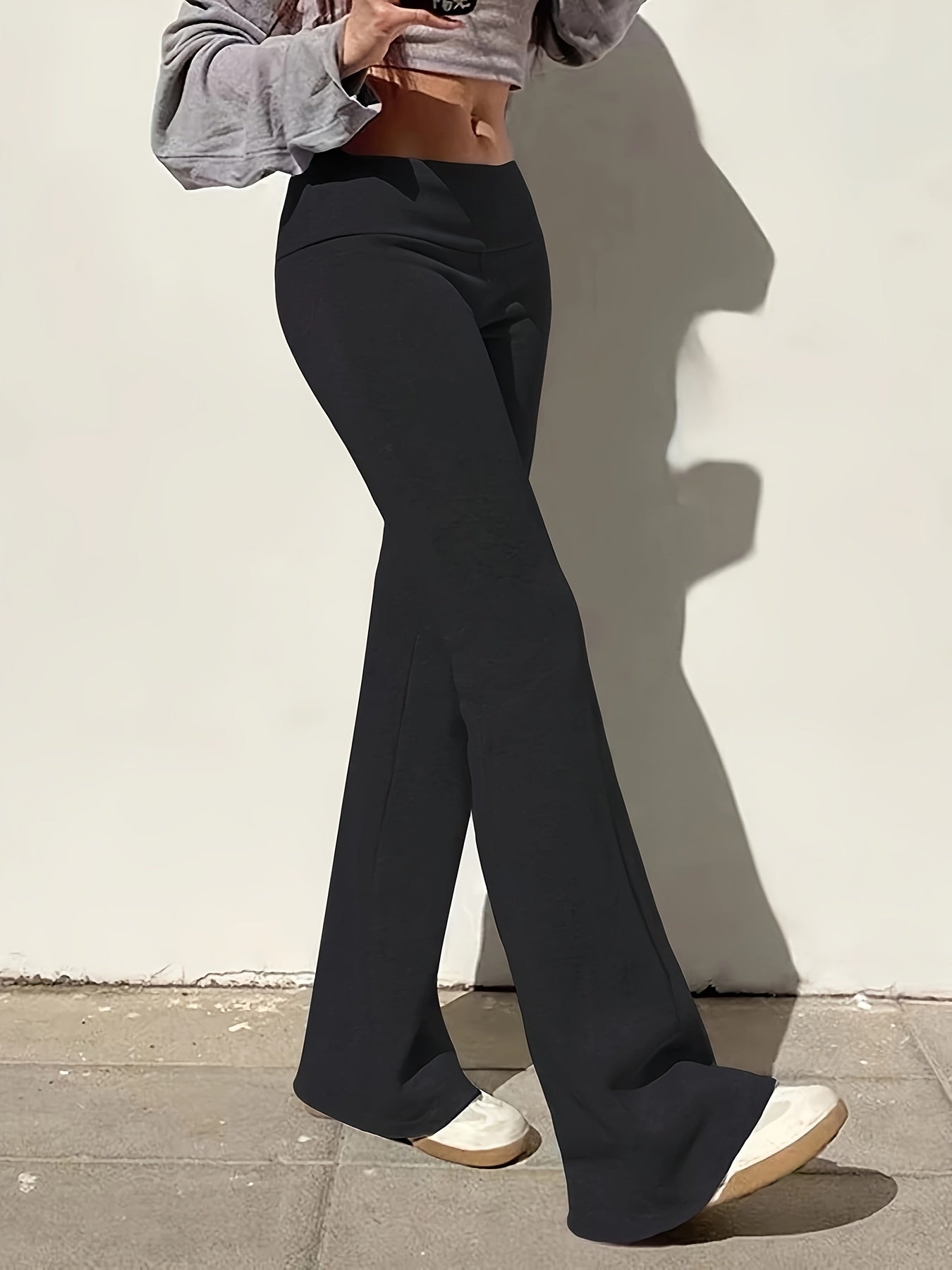 Low Waist Flare Leg Pants, Casual Solid Color Skinny Pants For Spring & Fall, Women's Clothing