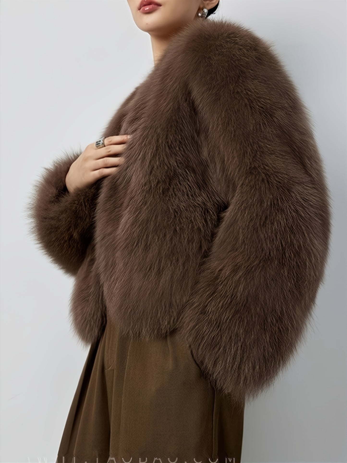Elegant Long Sleeve Faux Fur Coat for Women - Solid Color, Fluffy Long Cardigan with Button Details, Perfect for Fall\u002FWinter, Stylish Brown Outerwear, Stylish Long Cardigan | Chic Outerwear | Plush Texture