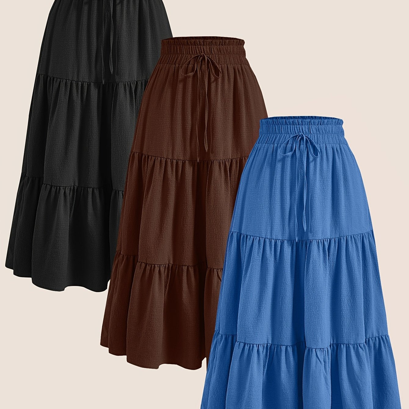 2025 3pcs Women'S Plus Size Pleated Skirts - Comfortable Loose Fit, Solid Color, Mid-Length with Ruffle Detail, Perfect for Spring\u002FSummer,