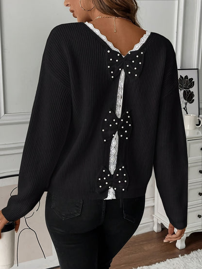 Elegant V-Neck Acrylic Pullover Sweater for Women, Long Sleeve Solid Color Knit Fabric Top with Back Bow Detail, All-Season Lace Bow Accent Sweater