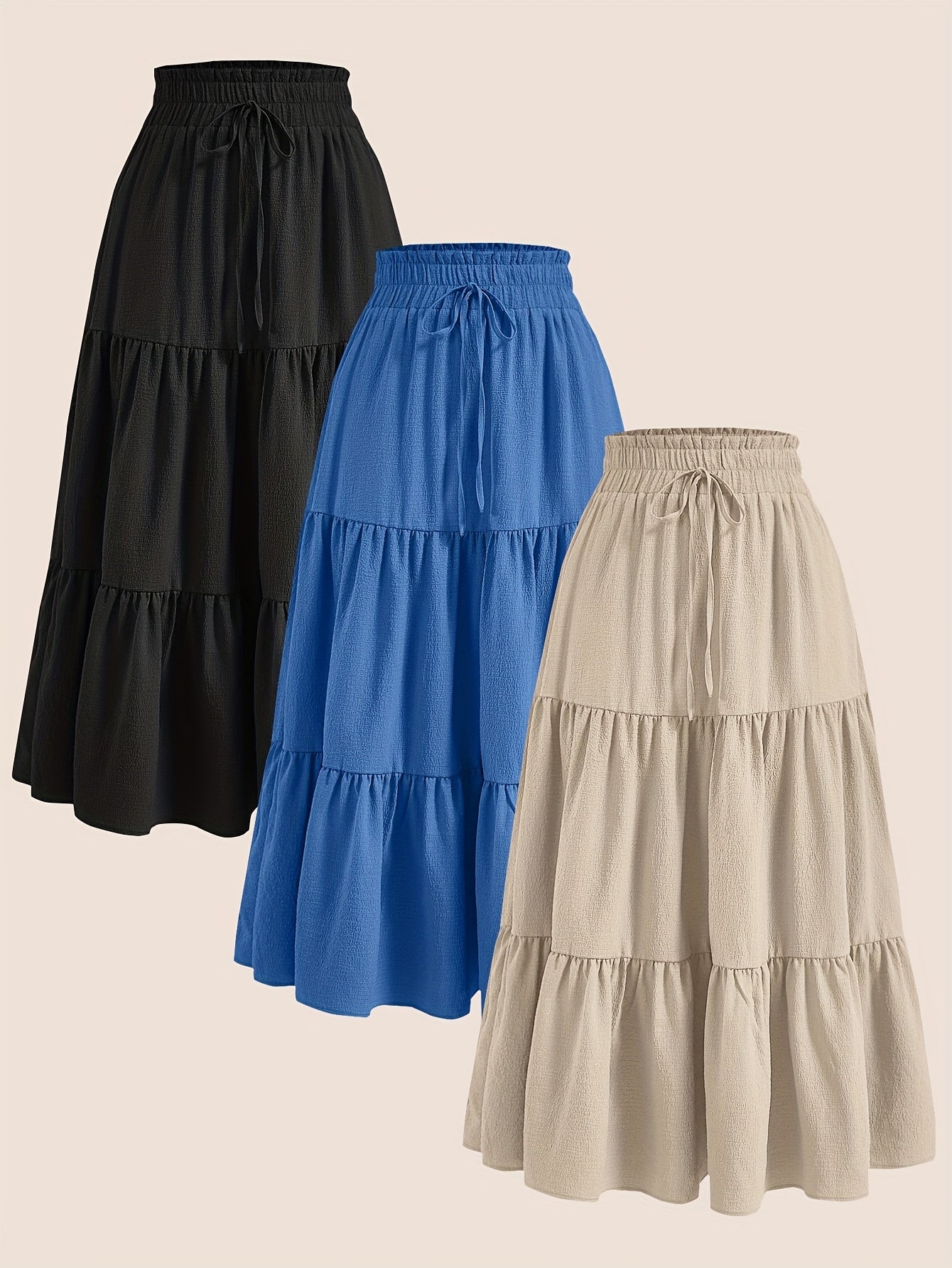 2025 3pcs Women'S Plus Size Pleated Skirts - Comfortable Loose Fit, Solid Color, Mid-Length with Ruffle Detail, Perfect for Spring\u002FSummer,