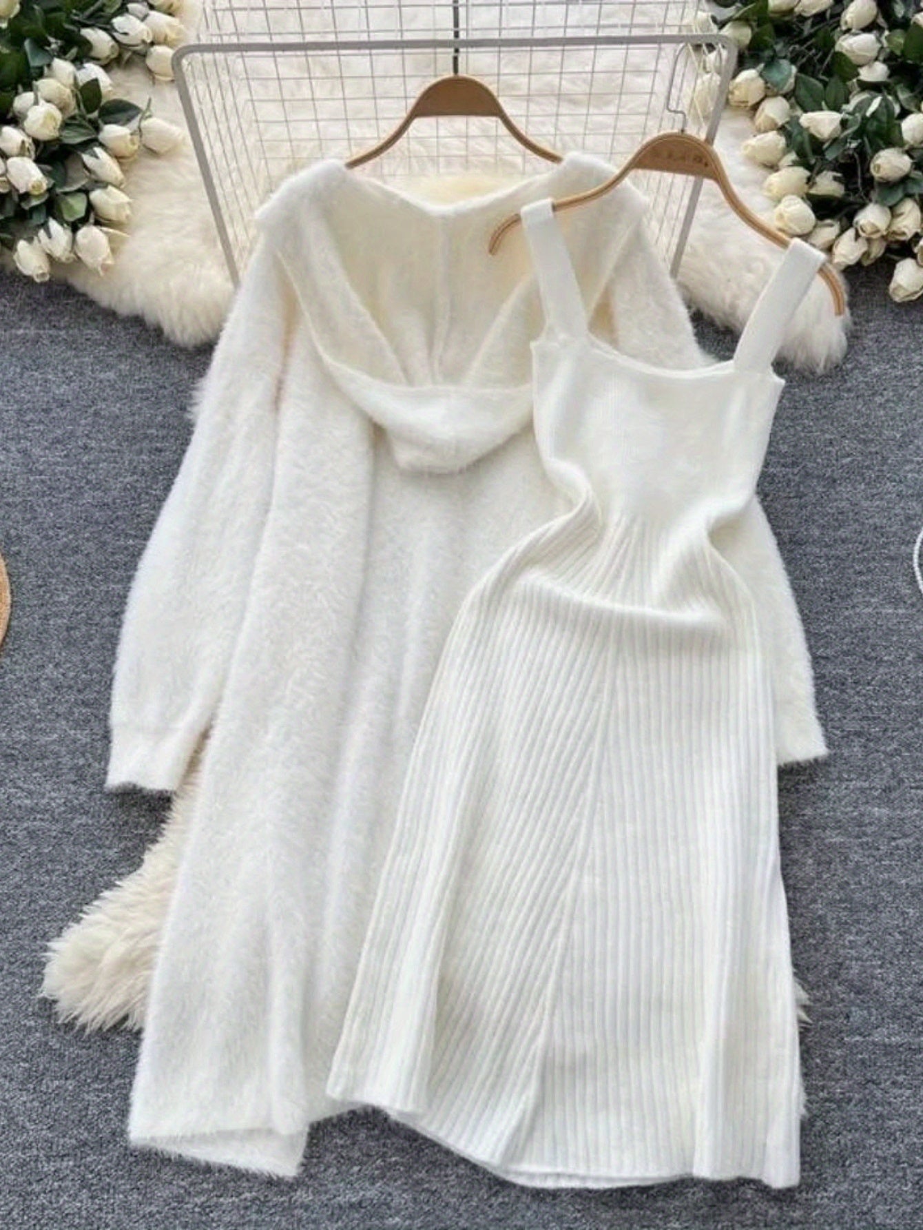 Autumn And Winter Soft Lazy Style All-Match Loose Mid-Length Sweater Jacket Two-Piece Set V-Neck Vest Hip Dress Two-Piece Set