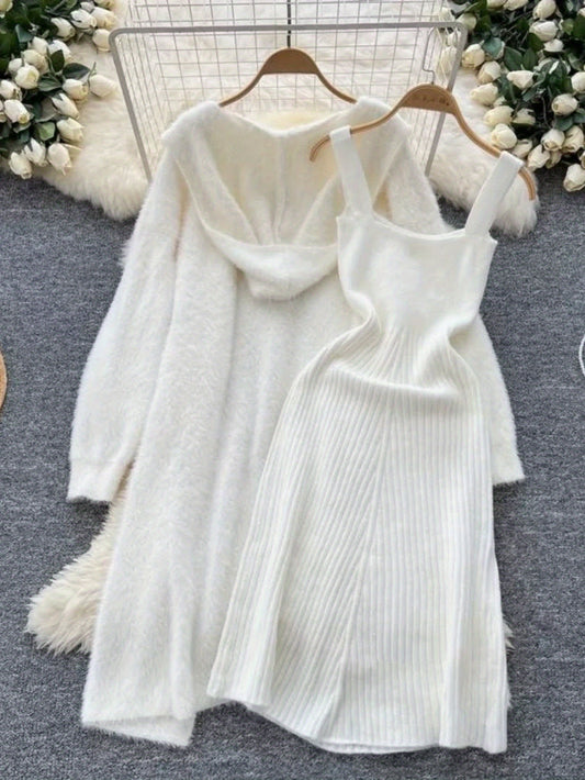 Autumn And Winter Soft Lazy Style All-Match Loose Mid-Length Sweater Jacket Two-Piece Set V-Neck Vest Hip Dress Two-Piece Set