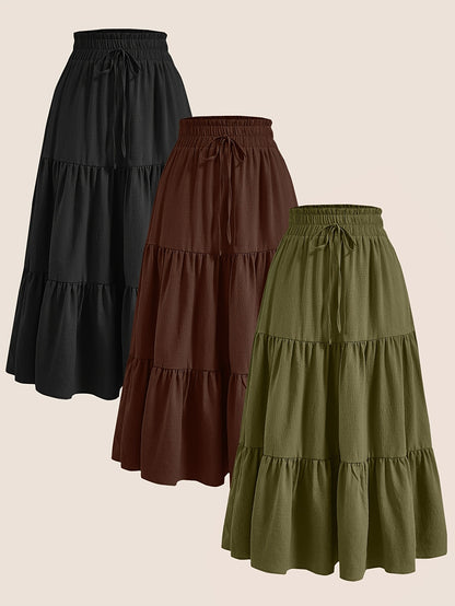 2025 3pcs Women'S Plus Size Pleated Skirts - Comfortable Loose Fit, Solid Color, Mid-Length with Ruffle Detail, Perfect for Spring\u002FSummer,