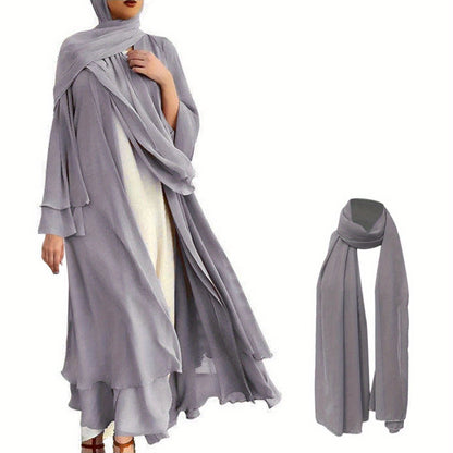 Women'S Elegant Muslim Caedigan Belt Outwear Shirt - Soft Chiffon Long Layered Cardigan with Open Front,