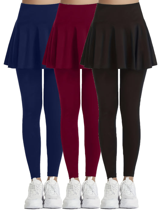 SHECAI 3pcs High-Waist Skort Leggings for Women - Slimming, Quick-Dry & Breathable Activewear with Pockets, Perfect for Yoga & Fitness