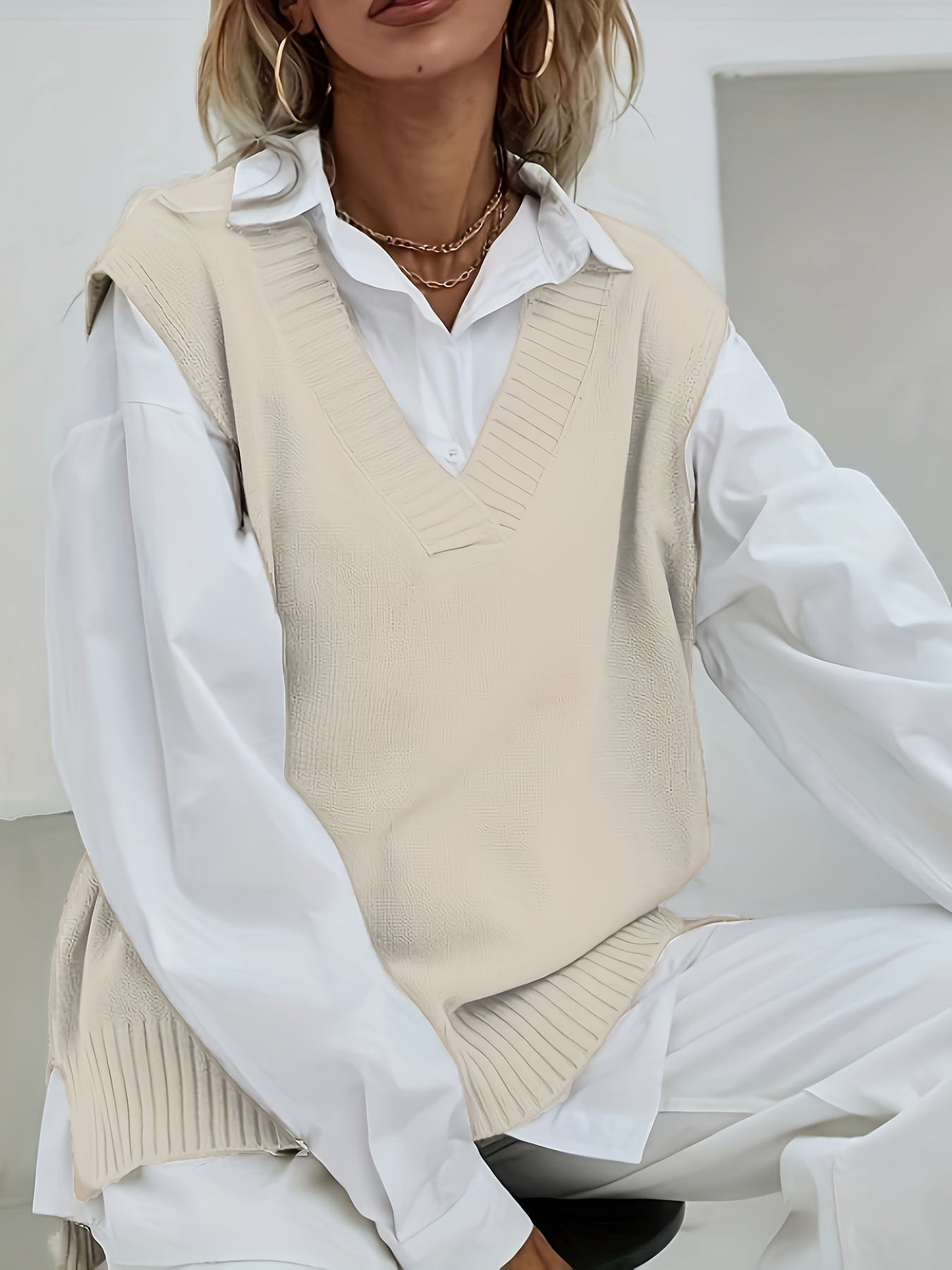 2023 Women's Casual Loose V-Neck Sweater Vest - Medium Stretch Solid Color, No Blouse Needed,