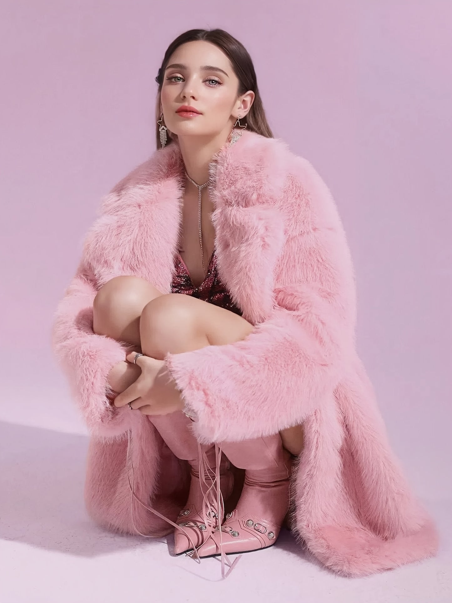 Women'S Plus Size Faux Fur Coat - Stylish Pink, Long Sleeve, Mid-Length, Flannel-Lined, Warm & Cozy Winter Coat with Pockets, Elegant Lapel Collar, Perfect for Commuting & Casual Attire, Winter Coat | Stylish Winter Coat | Faux Fur Lined Coat