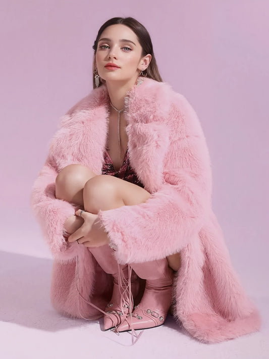 Women'S Plus Size Faux Fur Coat - Stylish Pink, Long Sleeve, Mid-Length, Flannel-Lined, Warm & Cozy Winter Coat with Pockets, Elegant Lapel Collar, Perfect for Commuting & Casual Attire, Winter Coat | Stylish Winter Coat | Faux Fur Lined Coat