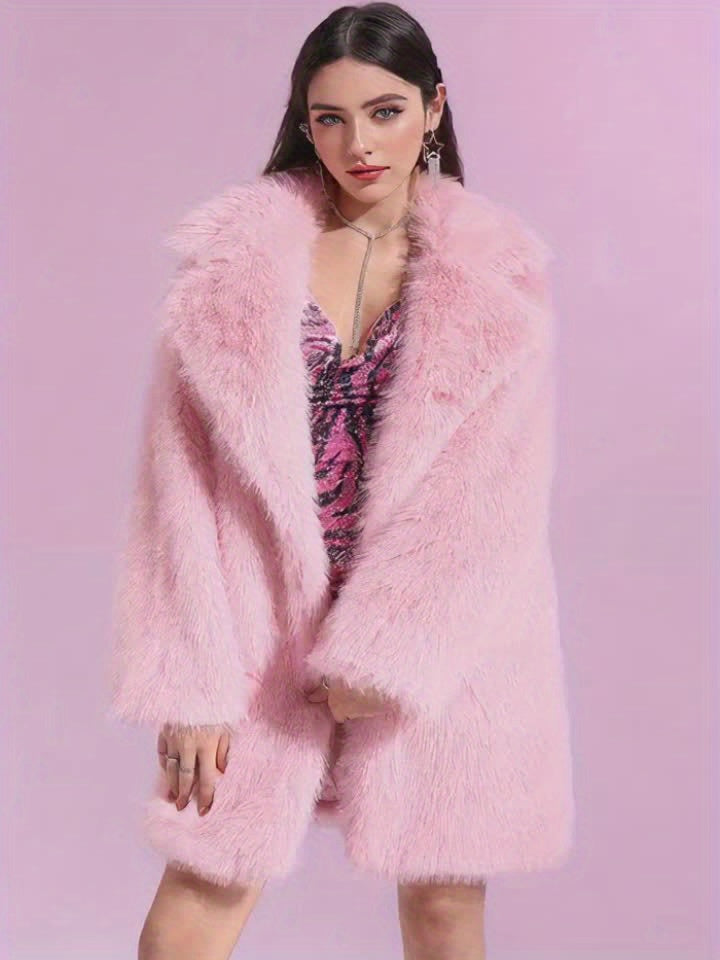 Women'S Plus Size Faux Fur Coat - Stylish Pink, Long Sleeve, Mid-Length, Flannel-Lined, Warm & Cozy Winter Coat with Pockets, Elegant Lapel Collar, Perfect for Commuting & Casual Attire, Winter Coat | Stylish Winter Coat | Faux Fur Lined Coat