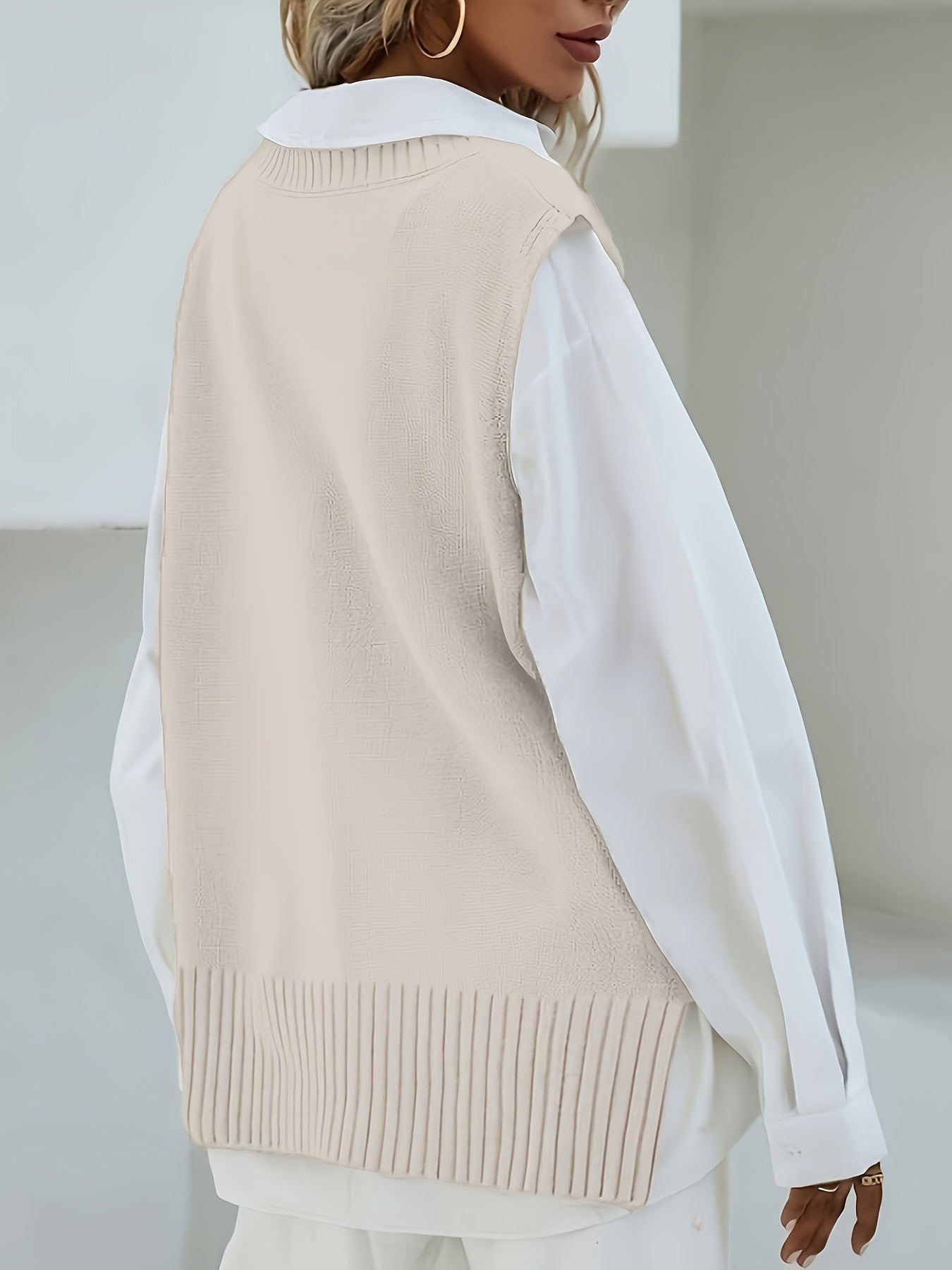2023 Women's Casual Loose V-Neck Sweater Vest - Medium Stretch Solid Color, No Blouse Needed,