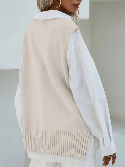 2023 Women's Casual Loose V-Neck Sweater Vest - Medium Stretch Solid Color, No Blouse Needed,