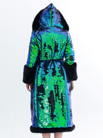 Elegant Sequin Hooded Coat Plus Size Elegant Gradient Green & Black Sequin Hooded Coat - Long Sleeve Winter Coat with Pockets, X-Line Silhouette for Autumn\u002FWinter