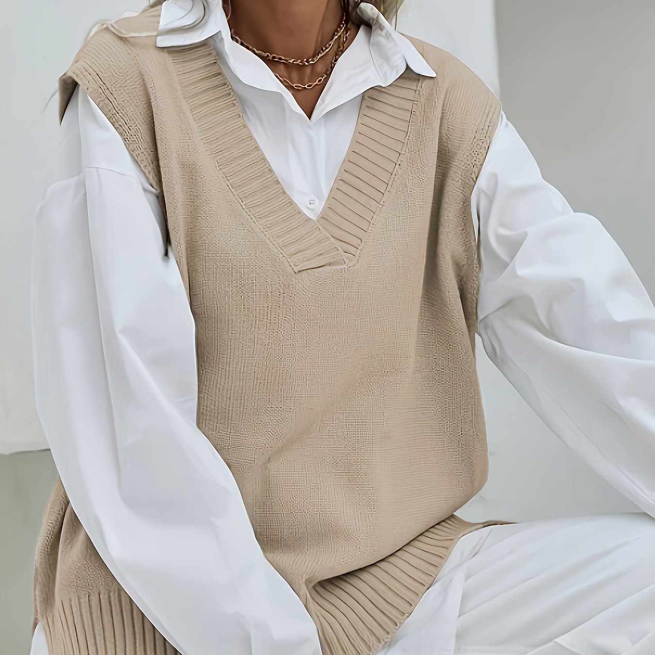 2023 Women's Casual Loose V-Neck Sweater Vest - Medium Stretch Solid Color, No Blouse Needed,