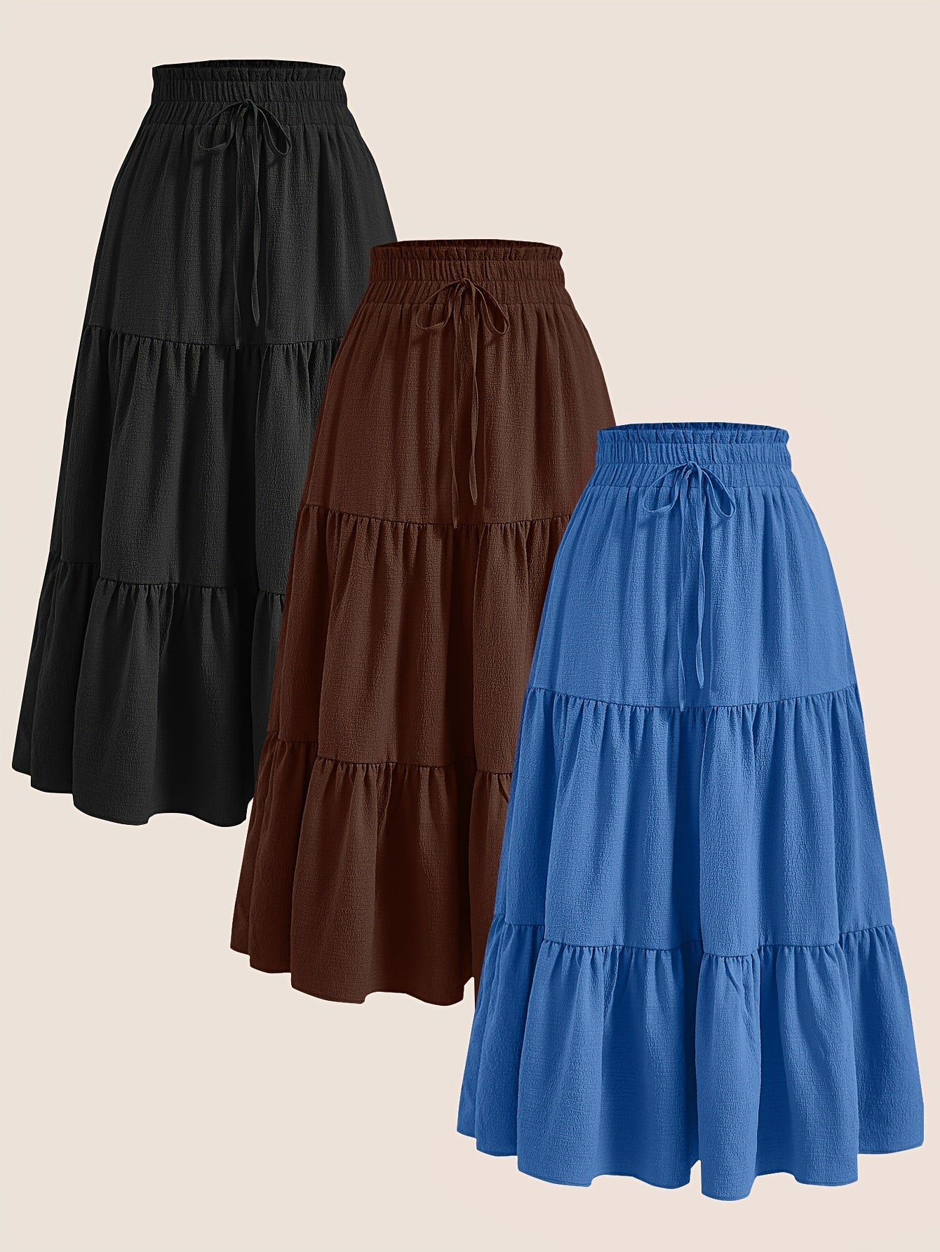 2025 3pcs Women'S Plus Size Pleated Skirts - Comfortable Loose Fit, Solid Color, Mid-Length with Ruffle Detail, Perfect for Spring\u002FSummer,