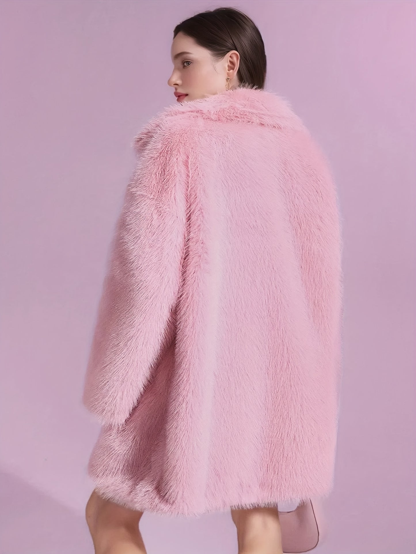 Women'S Plus Size Faux Fur Coat - Stylish Pink, Long Sleeve, Mid-Length, Flannel-Lined, Warm & Cozy Winter Coat with Pockets, Elegant Lapel Collar, Perfect for Commuting & Casual Attire, Winter Coat | Stylish Winter Coat | Faux Fur Lined Coat