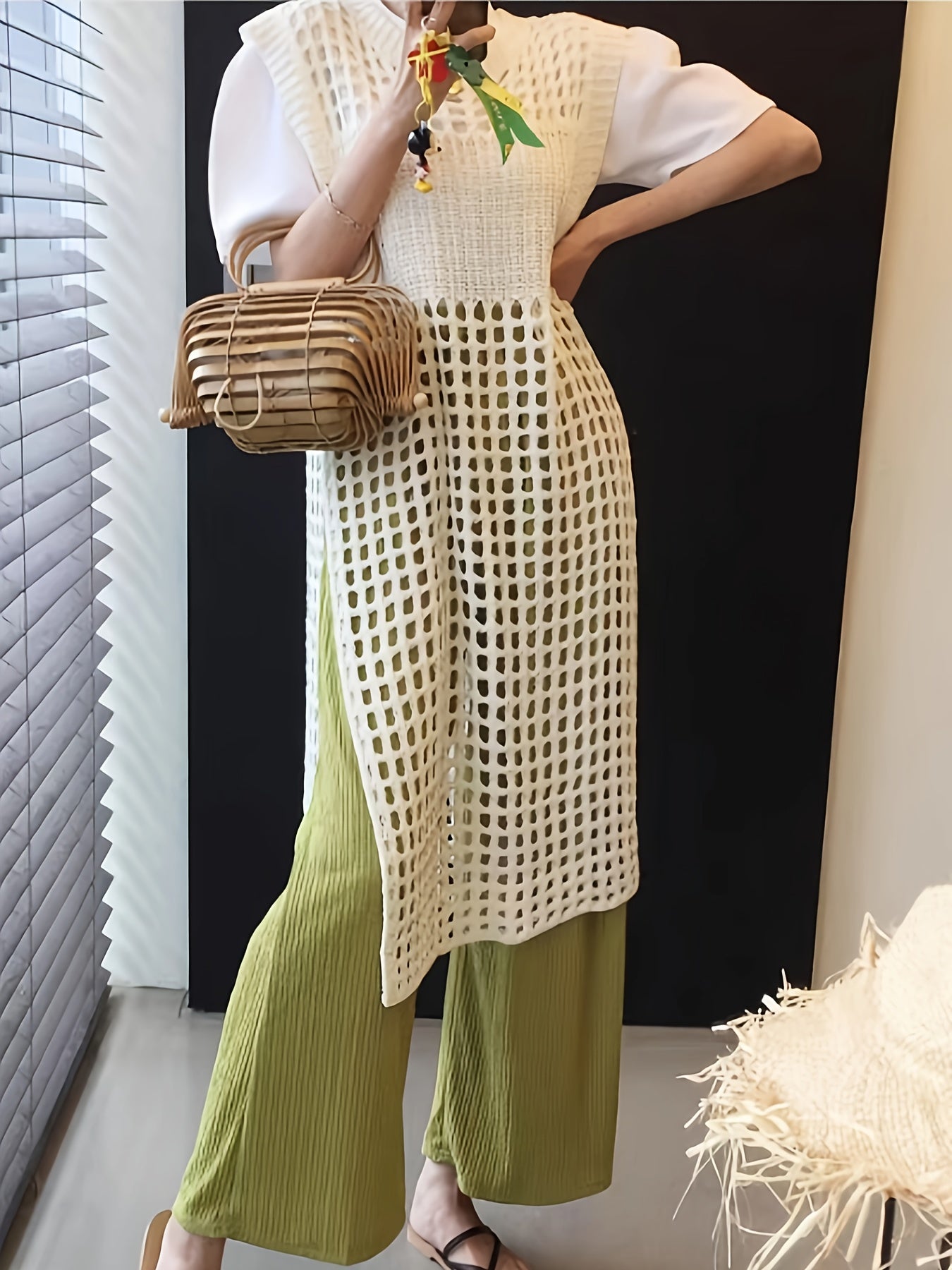 French-Inspired Lace Dress French-Inspired Elegant Women's Lace Sleeveless Dress | Mid-Length Loose Fit Semi-Sheer Layering Dress with Round Neck,