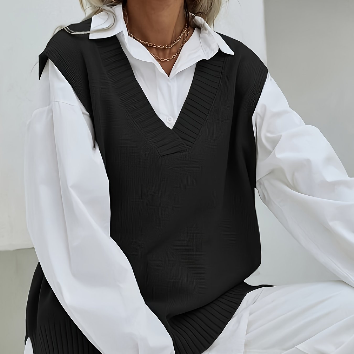 2023 Women's Casual Loose V-Neck Sweater Vest - Medium Stretch Solid Color, No Blouse Needed,