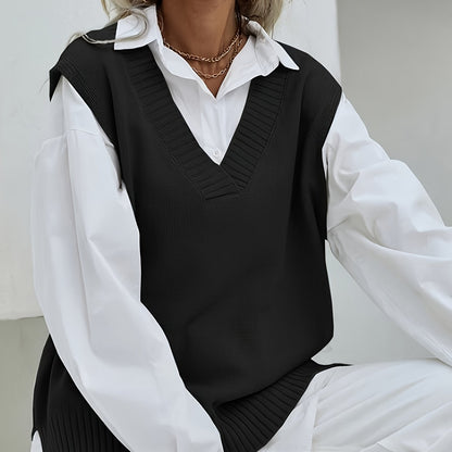 2023 Women's Casual Loose V-Neck Sweater Vest - Medium Stretch Solid Color, No Blouse Needed,
