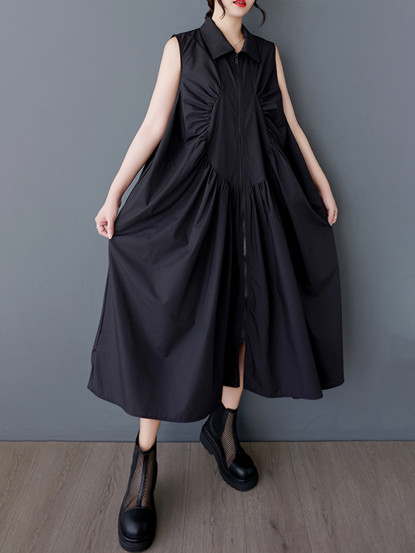 Bright Pink Sleeveless Collared Maxi Dress with Pleated Chest & Zipper Detail - Casual Loose Fit for Women, Machine Washable, Versatile Fashion | Sleeveless Maxi | Nonelastic Fabric