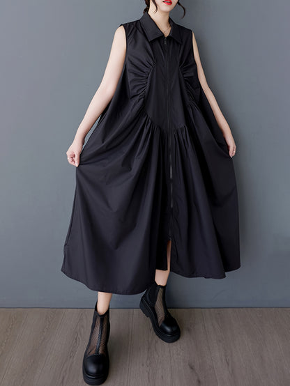 Bright Pink Sleeveless Collared Maxi Dress with Pleated Chest & Zipper Detail - Casual Loose Fit for Women, Machine Washable, Versatile Fashion | Sleeveless Maxi | Nonelastic Fabric