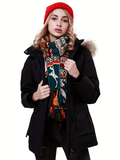 Women's Thickened Winter Thermal Puffer Jacket With Flap Pocket, Windproof Lightweight Long Sleeve Casual Parka Coat