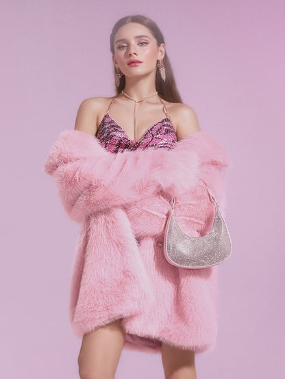 Women'S Plus Size Faux Fur Coat - Stylish Pink, Long Sleeve, Mid-Length, Flannel-Lined, Warm & Cozy Winter Coat with Pockets, Elegant Lapel Collar, Perfect for Commuting & Casual Attire, Winter Coat | Stylish Winter Coat | Faux Fur Lined Coat