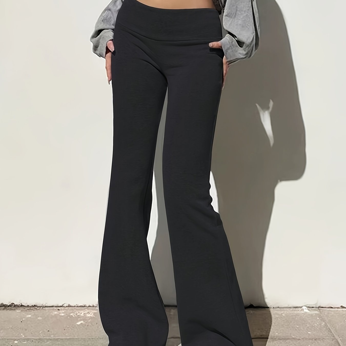 Low Waist Flare Leg Pants, Casual Solid Color Skinny Pants For Spring & Fall, Women's Clothing