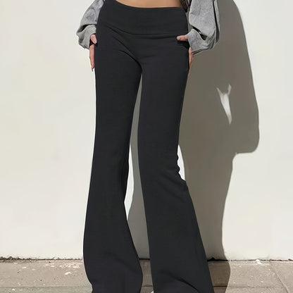 Low Waist Flare Leg Pants, Casual Solid Color Skinny Pants For Spring & Fall, Women's Clothing