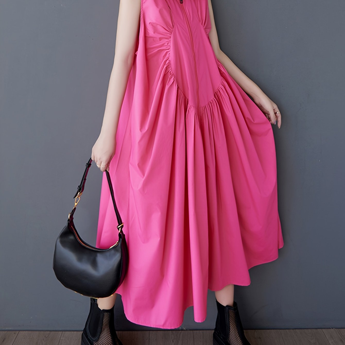 Bright Pink Sleeveless Collared Maxi Dress with Pleated Chest & Zipper Detail - Casual Loose Fit for Women, Machine Washable, Versatile Fashion | Sleeveless Maxi | Nonelastic Fabric