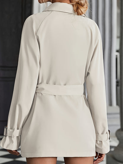 Women's Elegant Double-Breasted Trench Coat with Raglan Sleeves & Belted Waist - Premium Machine-Washable Fabric, Multiple Pockets,