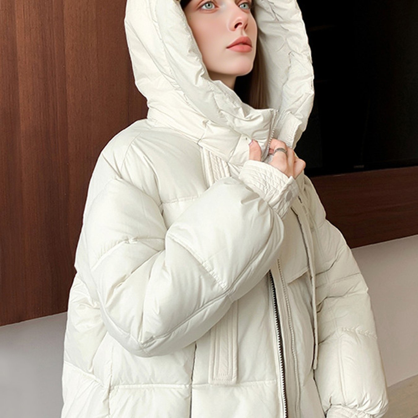 Women'S Winter Thickened Padded Coat - Long Over-the-Knee Length, Loose Fit Mid-Length Jacket with Pockets, Warm Casual Outerwear for Cold Weather, Beige Solid Color, Cozy Warmth & Easy Care (No Belt Required)