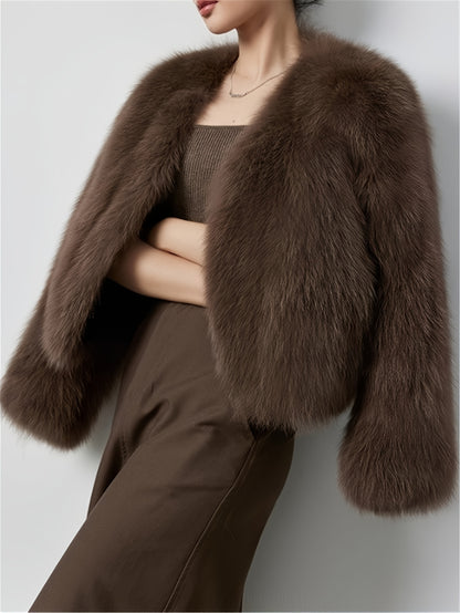 Elegant Long Sleeve Faux Fur Coat for Women - Solid Color, Fluffy Long Cardigan with Button Details, Perfect for Fall\u002FWinter, Stylish Brown Outerwear, Stylish Long Cardigan | Chic Outerwear | Plush Texture