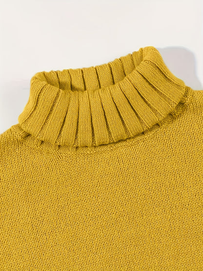 Plus Size - Elegant Mustard Yellow Long Sleeve Pullover Sweater - Half High Neck, Ribbed Texture, Fall\u002FWinter Fashion,