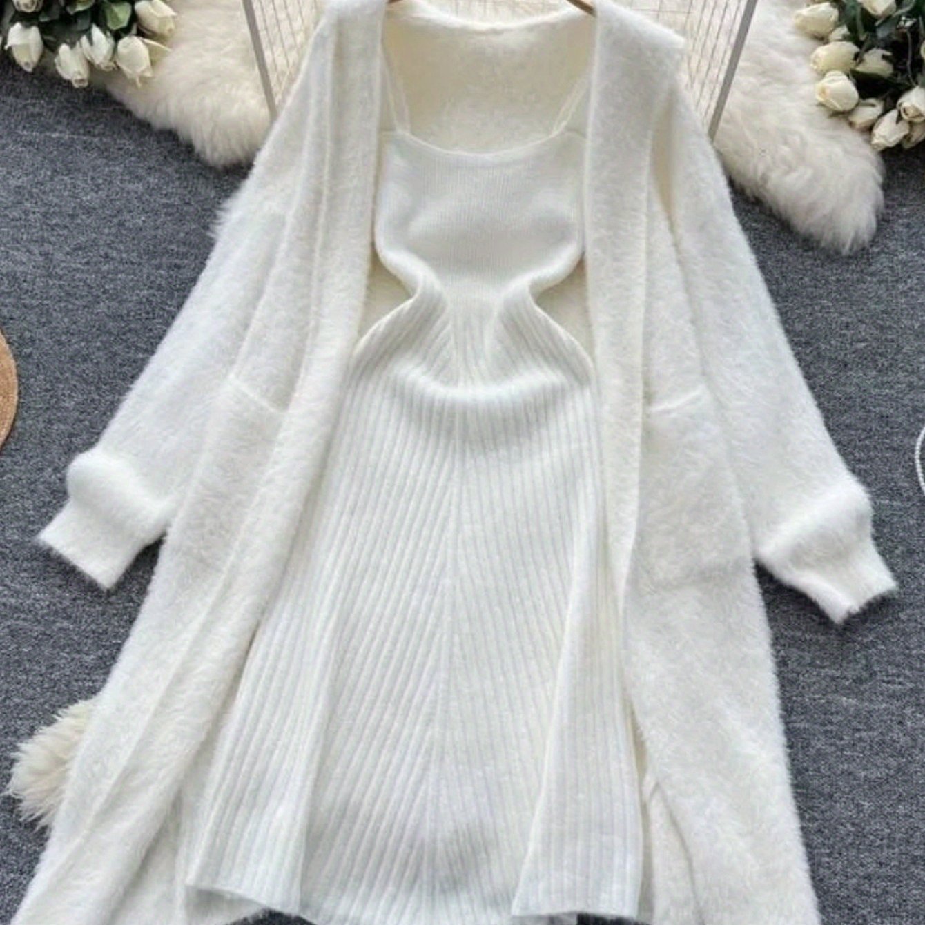 Autumn And Winter Soft Lazy Style All-Match Loose Mid-Length Sweater Jacket Two-Piece Set V-Neck Vest Hip Dress Two-Piece Set