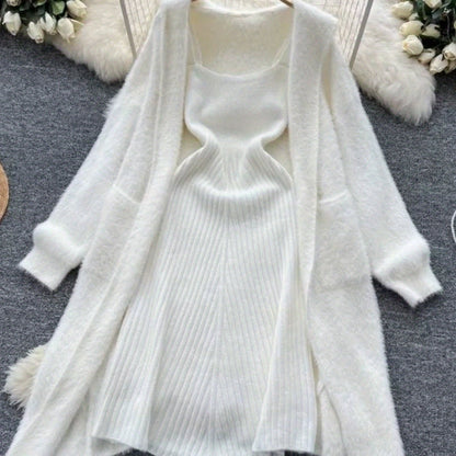 Autumn And Winter Soft Lazy Style All-Match Loose Mid-Length Sweater Jacket Two-Piece Set V-Neck Vest Hip Dress Two-Piece Set