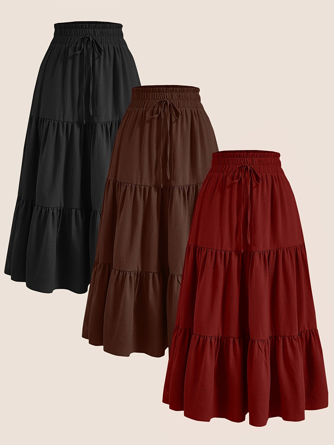 2025 3pcs Women'S Plus Size Pleated Skirts - Comfortable Loose Fit, Solid Color, Mid-Length with Ruffle Detail, Perfect for Spring\u002FSummer,