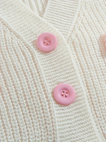 Women'S Casual V-Neck Cardigan with Pink Bow Accents - Soft Open Front Sweater for Spring & Fall, All-Season Versatile Layering Piece,