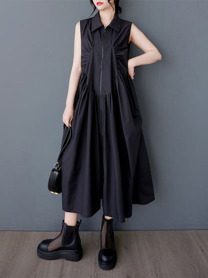 Bright Pink Sleeveless Collared Maxi Dress with Pleated Chest & Zipper Detail - Casual Loose Fit for Women, Machine Washable, Versatile Fashion | Sleeveless Maxi | Nonelastic Fabric