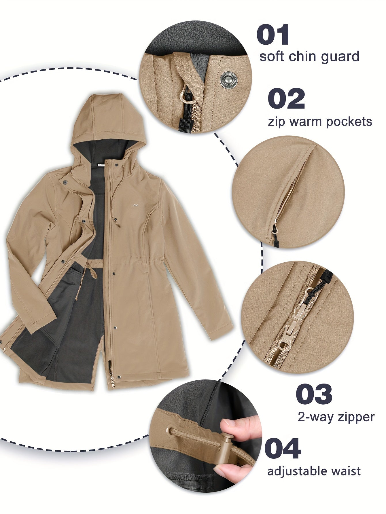 Women'S 33,000ft Windproof Softshell Long Jacket with Hood - Fleece Lined, Zippered Front,