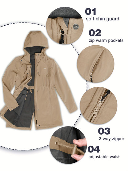 Women'S 33,000ft Windproof Softshell Long Jacket with Hood - Fleece Lined, Zippered Front,