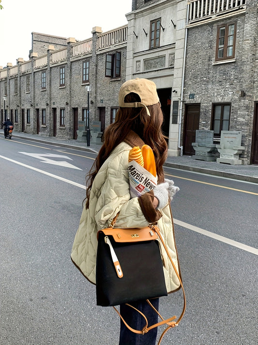 Women's Winter Retro Color-Block Jacket with Stand Collar & Diamond Quilted Design - Korean Style Lightweight Loose Fit Warm Coat, Corduroy Splicing Geometric Pattern, 100% Polyester for Cold Weather
