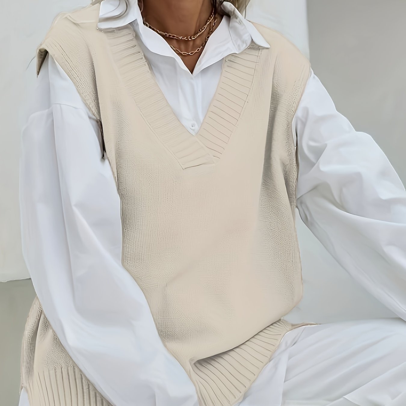2023 Women's Casual Loose V-Neck Sweater Vest - Medium Stretch Solid Color, No Blouse Needed,
