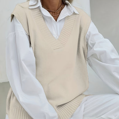 2023 Women's Casual Loose V-Neck Sweater Vest - Medium Stretch Solid Color, No Blouse Needed,