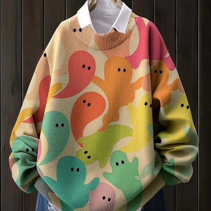 Plus Size Geometric Sweater Polyester Plus Size Women's Colorful Geometric Print Pullover Sweater | Cozy Long Sleeve, Stand Collar, Loose Fit,