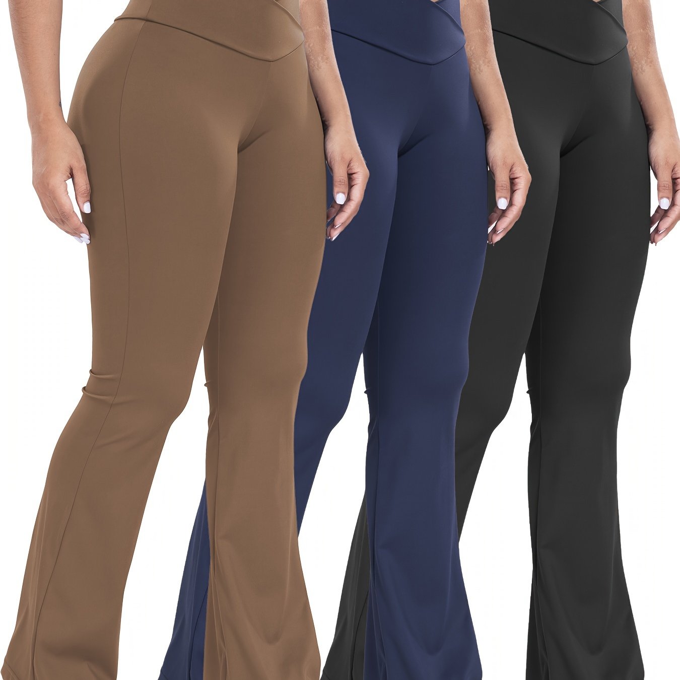 Stretchy 3-Pack High-Waisted Yoga Pants - Cross Waistband Flare Leg Sports Tights with Tummy Control and Butt Lifting