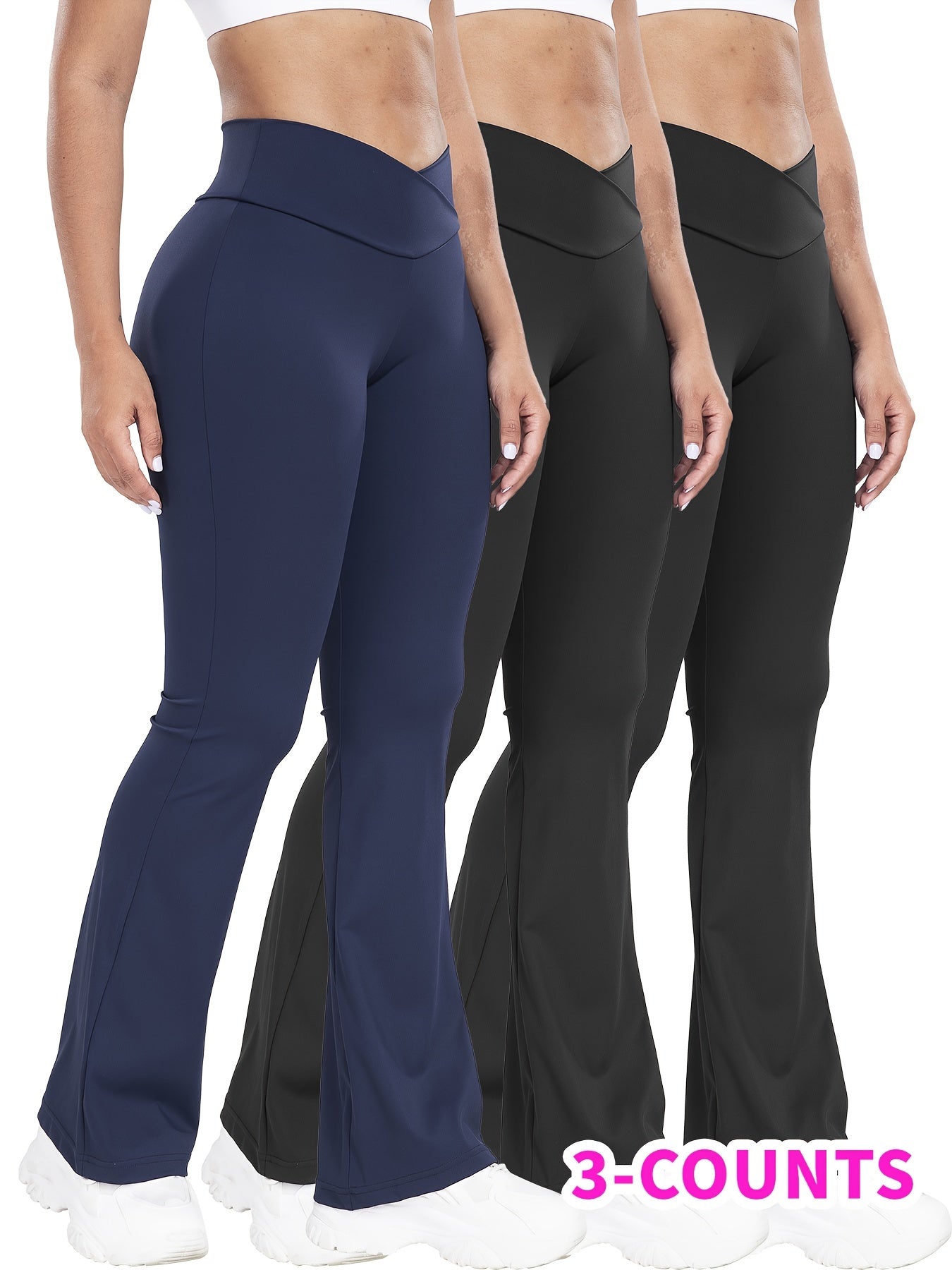 Stretchy 3-Pack High-Waisted Yoga Pants - Cross Waistband Flare Leg Sports Tights with Tummy Control and Butt Lifting