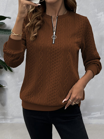 Casual Sweatshirt Casual Textured Half Zipper Pullover Sweatshirt | Women's Long Sleeve Sweatshirt For Fall & Spring