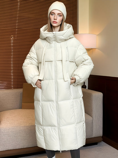 Women'S Winter Thickened Padded Coat - Long Over-the-Knee Length, Loose Fit Mid-Length Jacket with Pockets, Warm Casual Outerwear for Cold Weather, Beige Solid Color, Cozy Warmth & Easy Care (No Belt Required)