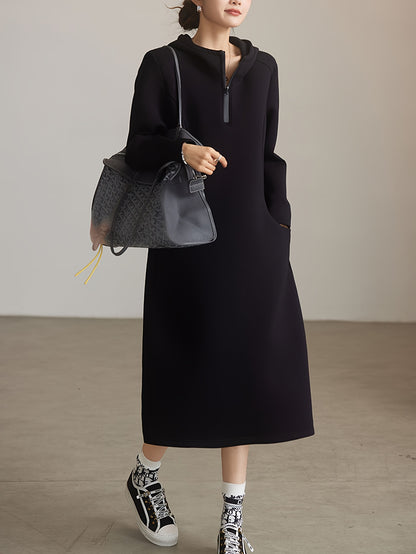 Plus Size, Casual Hooded Black Dress for Women - 2025 New Arrival Loose Fit Long Skirt European Style Plus Size Clothing